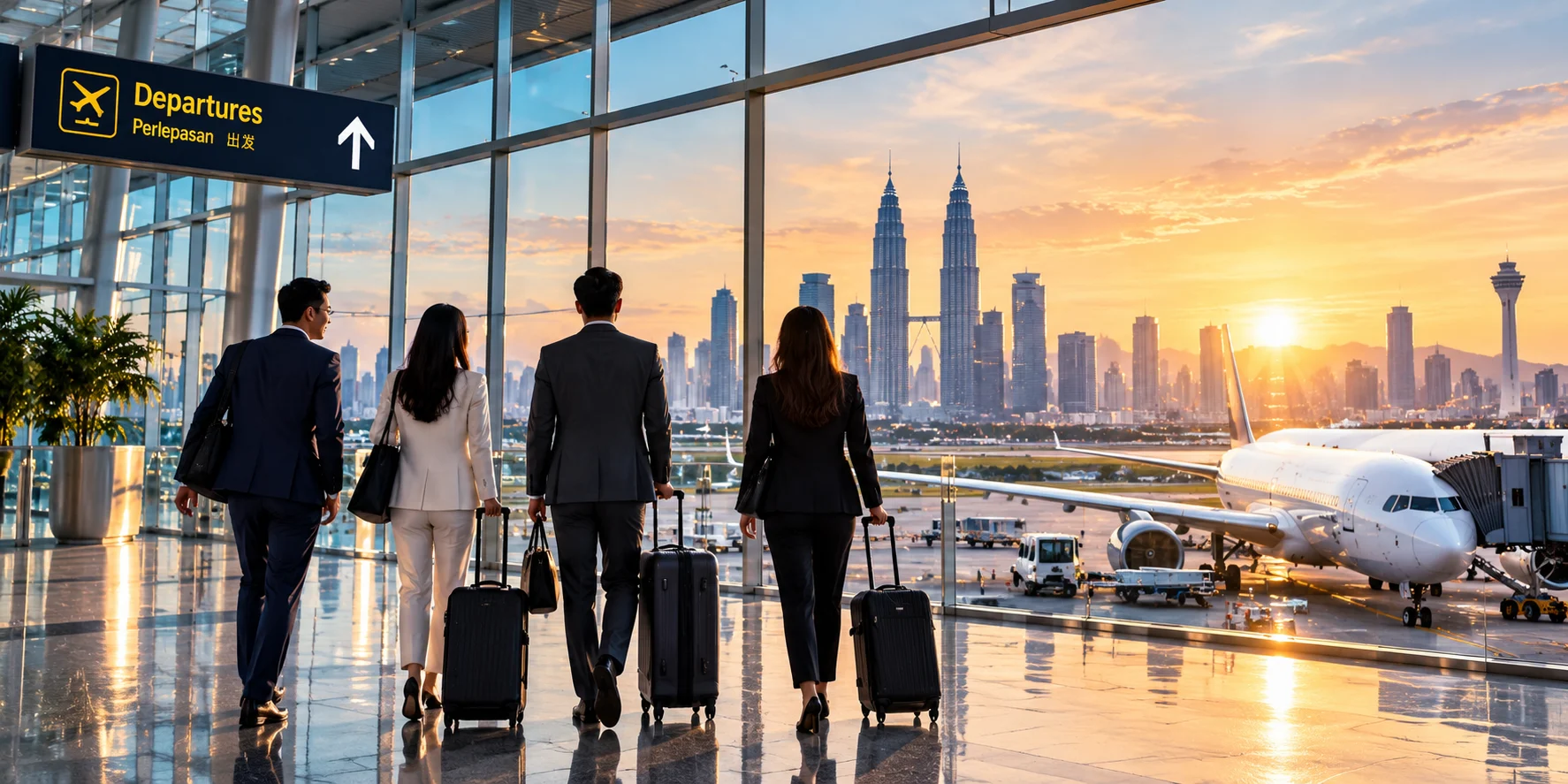 Illustrative corporate travellers departing together