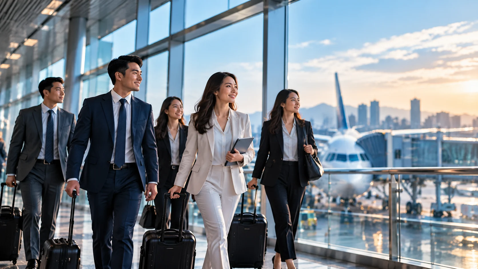 Illustrative corporate travellers walking through an airport